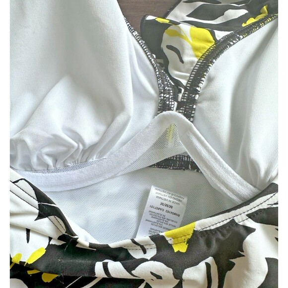 DKNY Women's Ruffle Neck One-Piece Swimsuit Fluorescent Yellow Black & White M - Picture 10 of 10